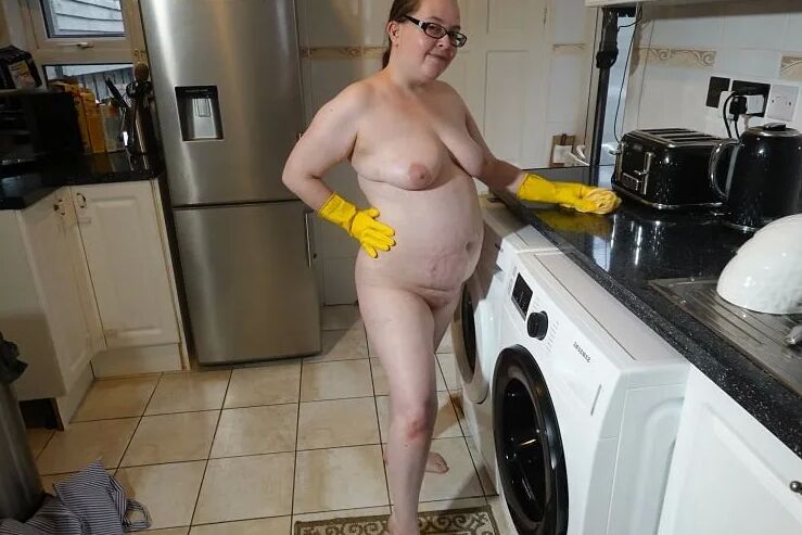 Naked Cleaning in Rubber Gloves