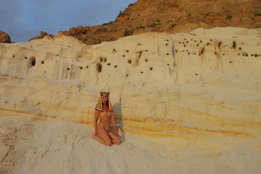 Posing Naked on White Sand in Sunset Time