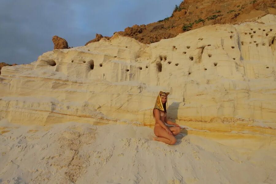 Posing Naked on White Sand in Sunset Time