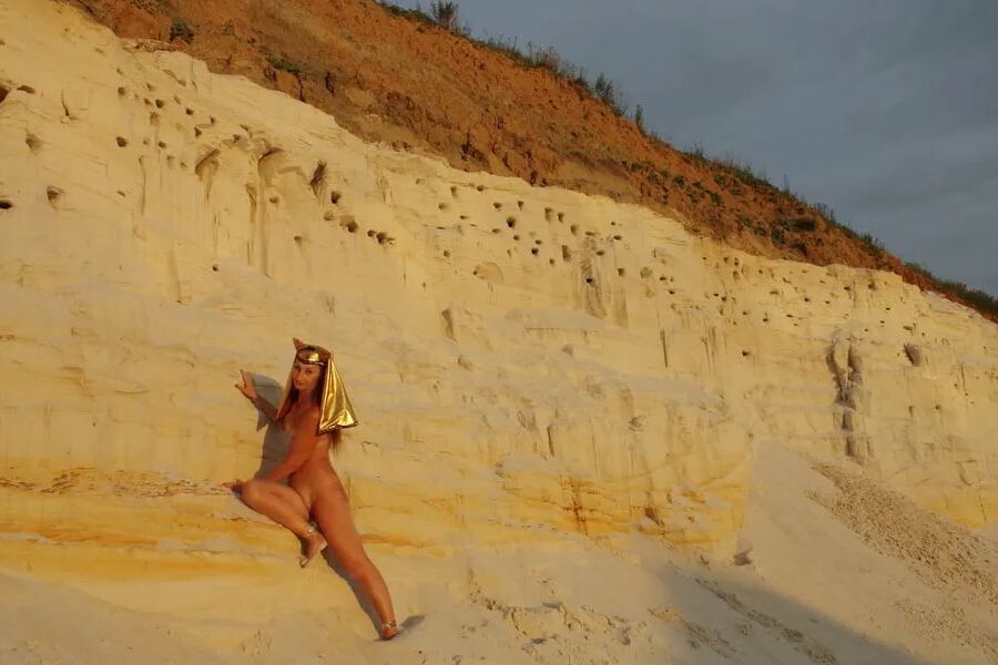 Posing Naked on White Sand in Sunset Time