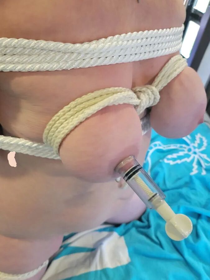Box tie with tied tits ball gag and blindfold