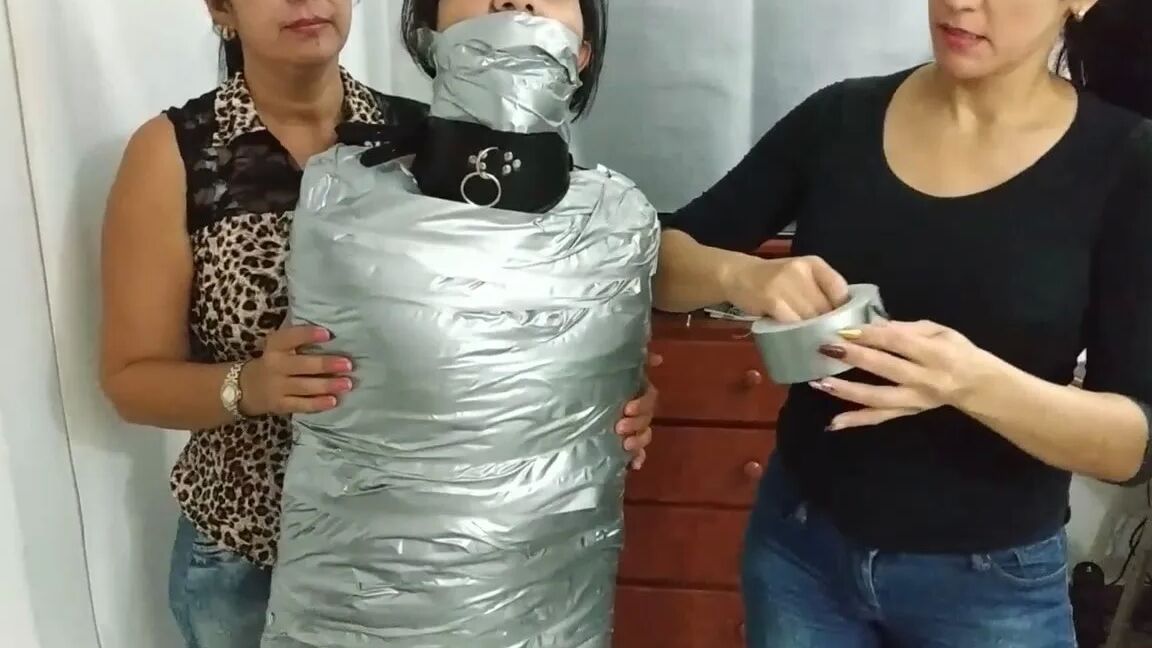 Heavily Duct Tape Mummified By Crazy Bondage Women