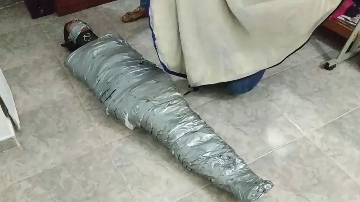 Heavily Duct Tape Mummified By Crazy Bondage Women