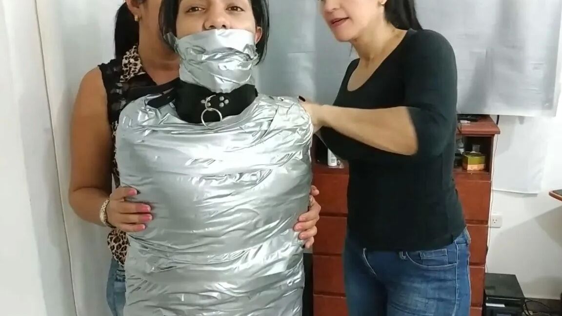 Heavily Duct Tape Mummified By Crazy Bondage Women