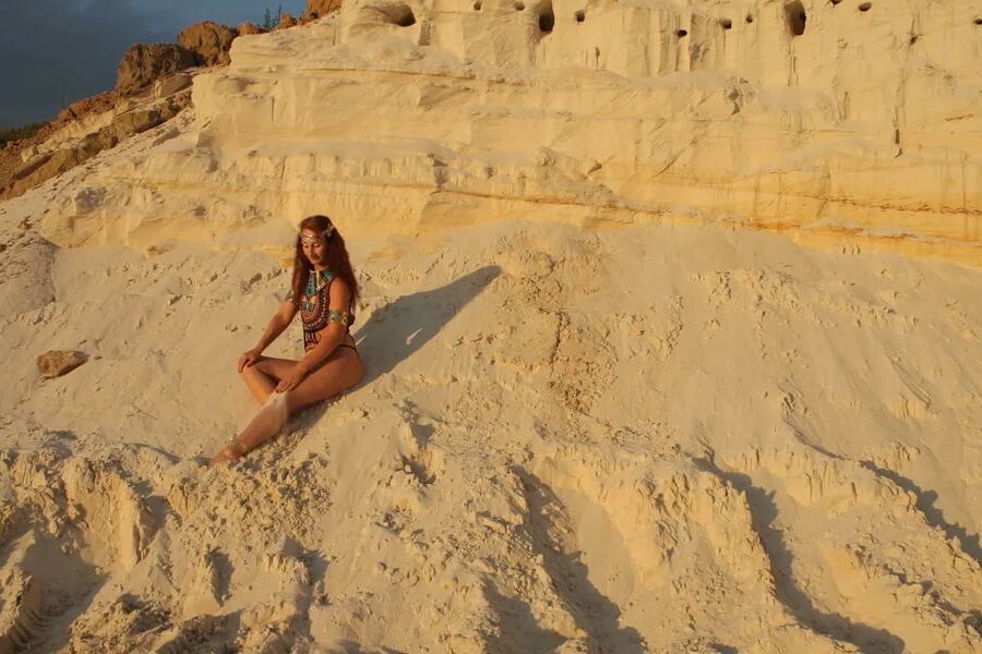 On sunset on pink sand