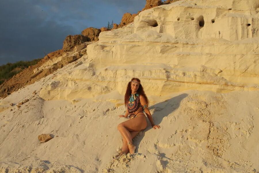 On sunset on pink sand
