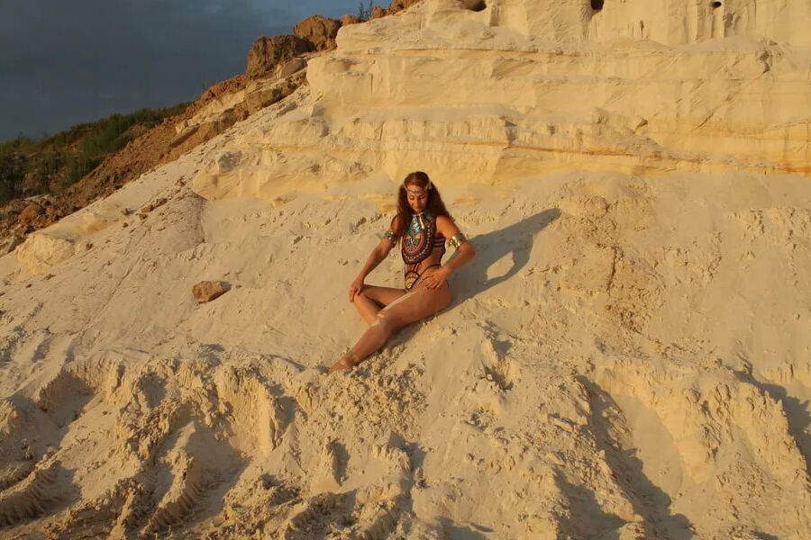 On sunset on pink sand