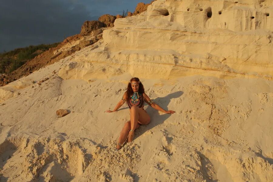 On sunset on pink sand