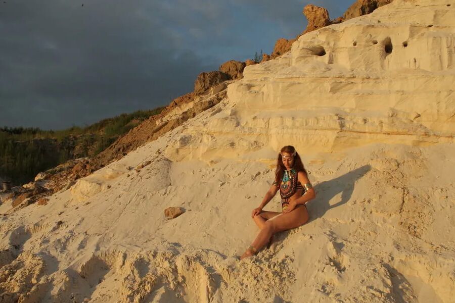 On sunset on pink sand
