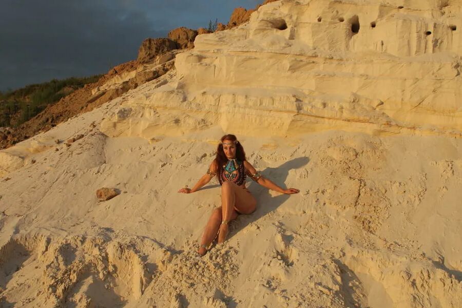 On sunset on pink sand