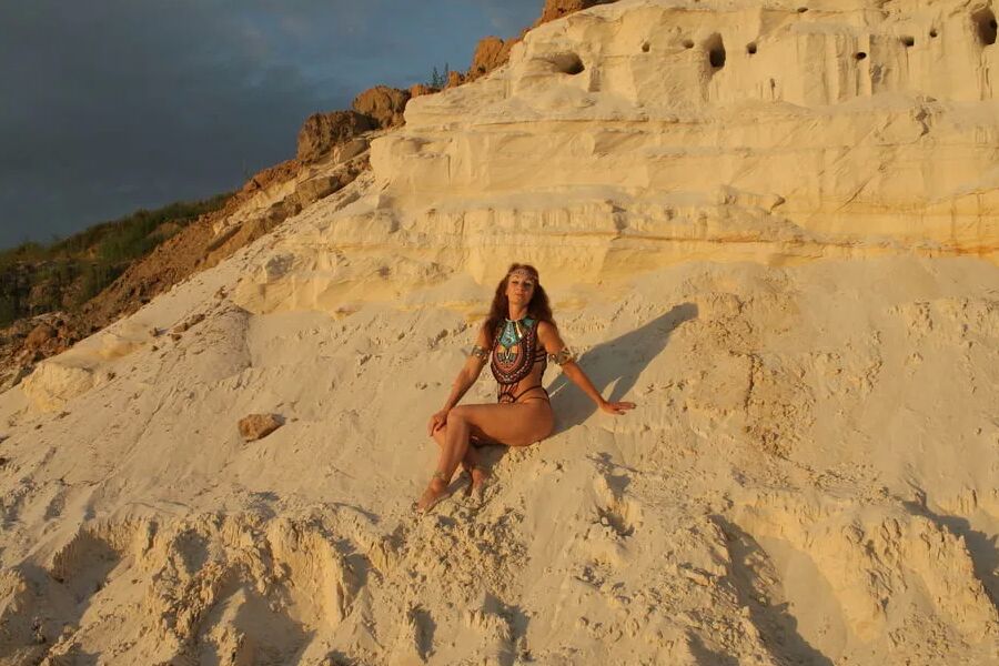 On sunset on pink sand