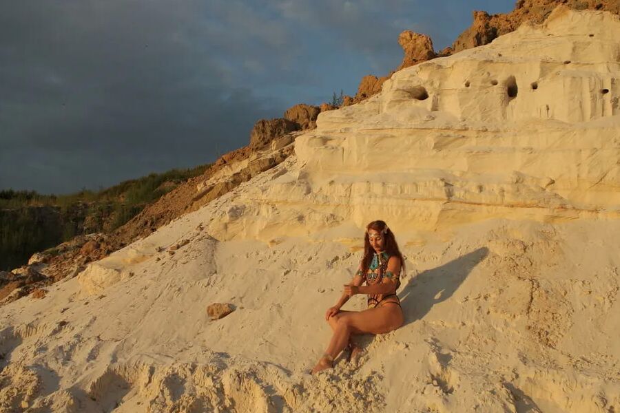 On sunset on pink sand