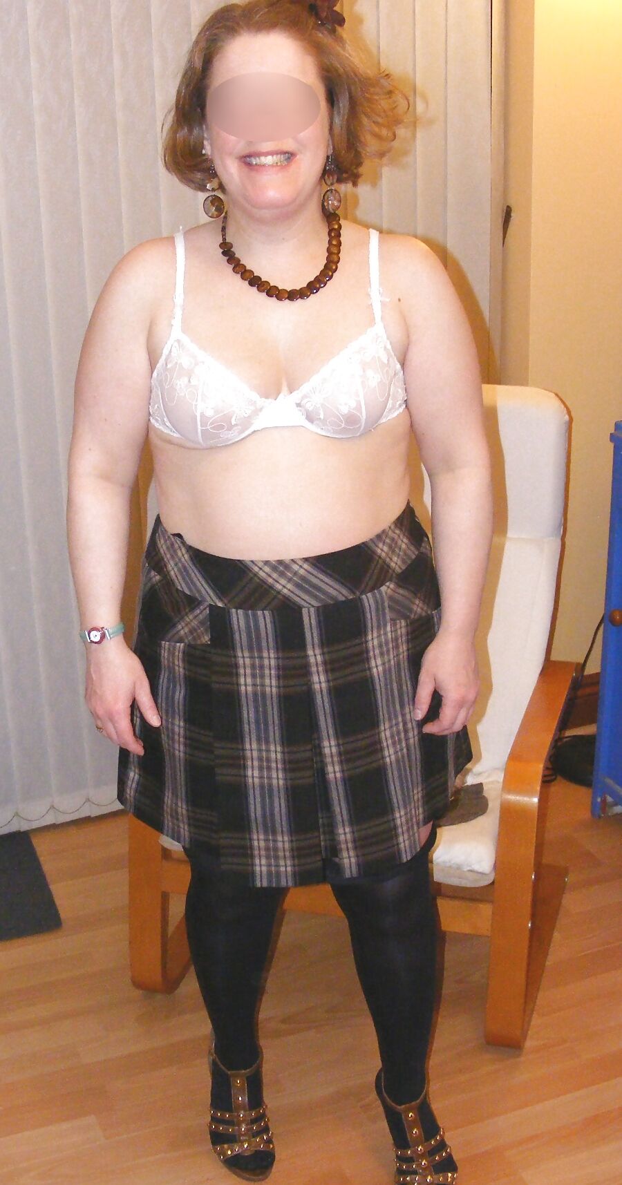 Shiny black tights and lacy white lingerie