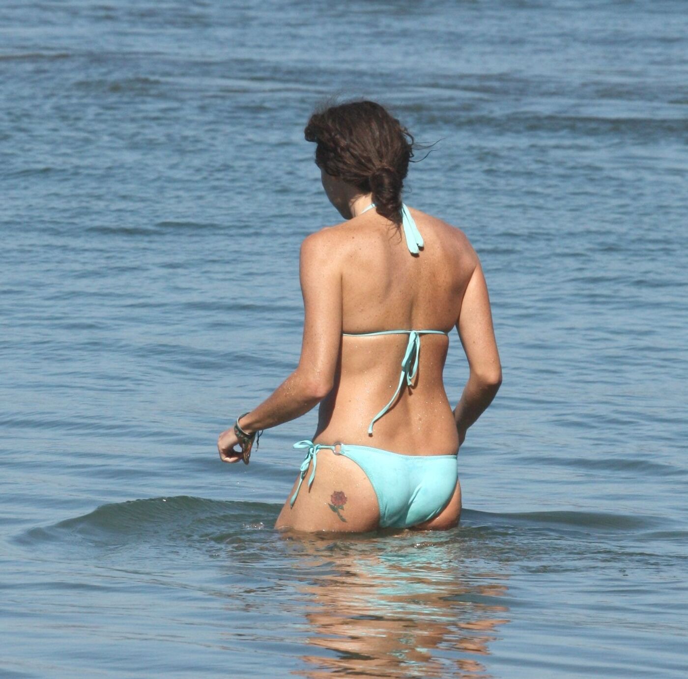 Minnie Driver wearing sky blue bikini on the beach in Malibu