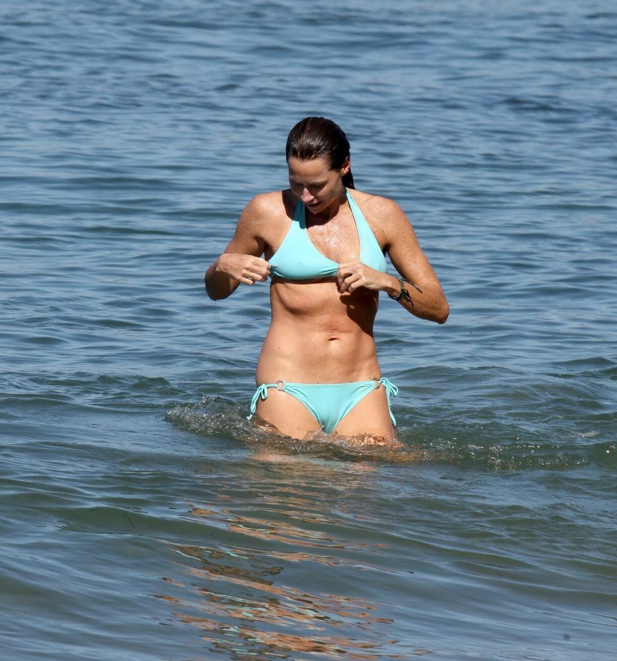 Minnie Driver wearing sky blue bikini on the beach in Malibu
