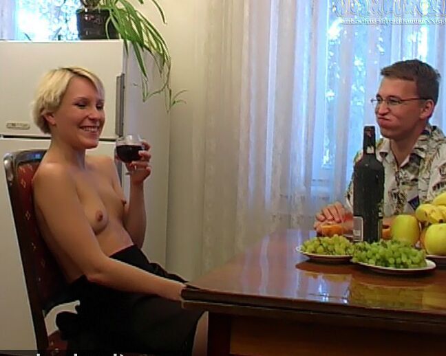 Drunk stockinged teen brunette Linda enjoys some wine and horny