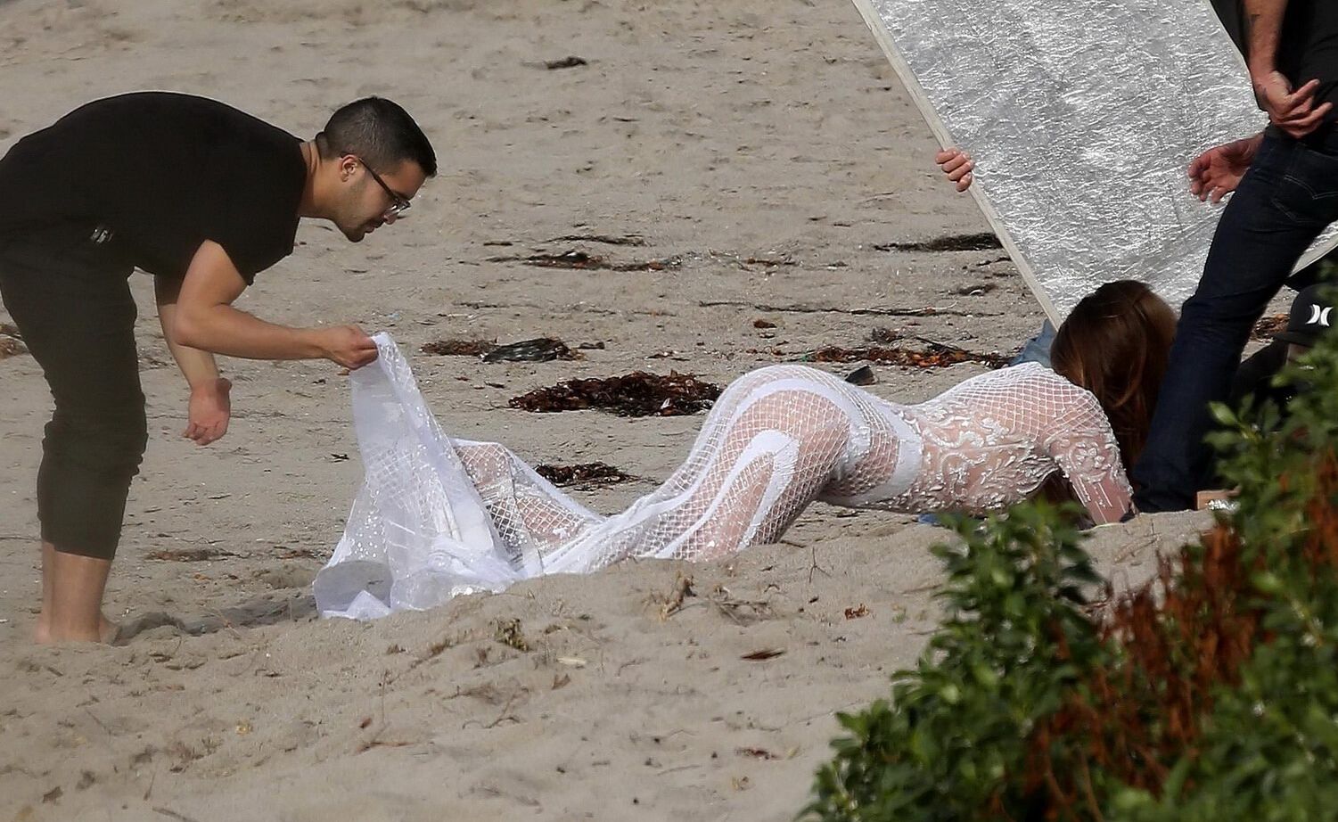 Cindy Crawford braless wearing a see through dress at the photoshoot in Malibu