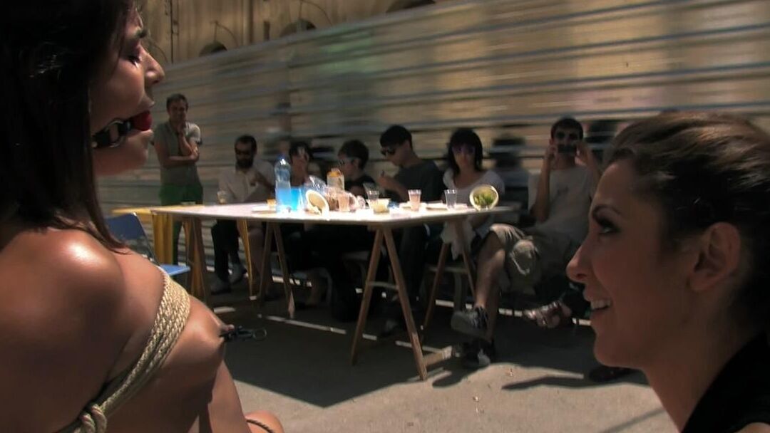 Babe gets stripped, tied up and fucked outdoor in public places