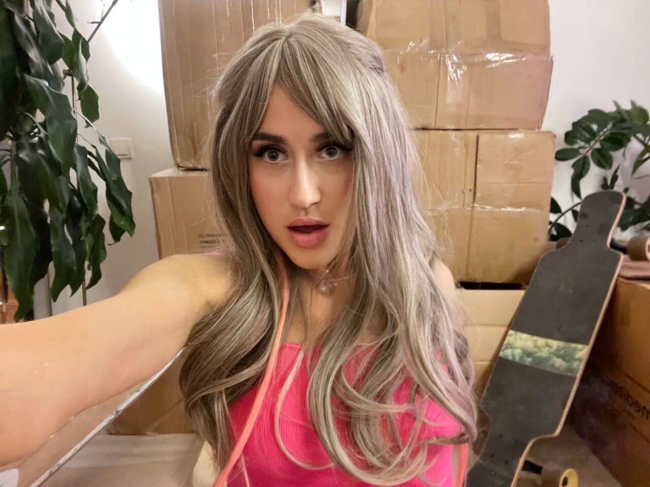 Porn model, sexy girl show next to boxes and longboards - 16 Pics