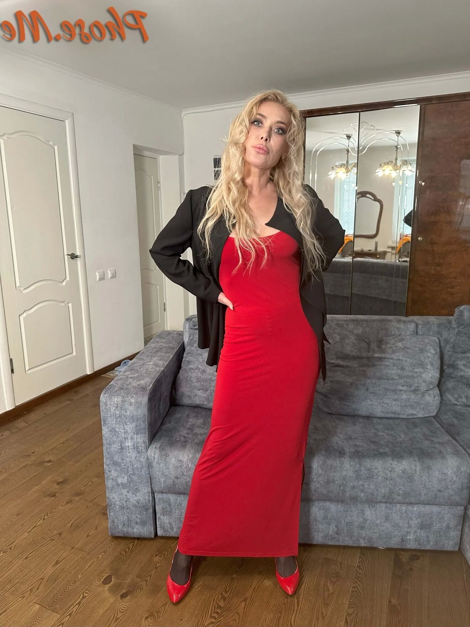 Blonde MIlf In Red Slit Dress, Black Pantyhose and Heels - 28 Pics