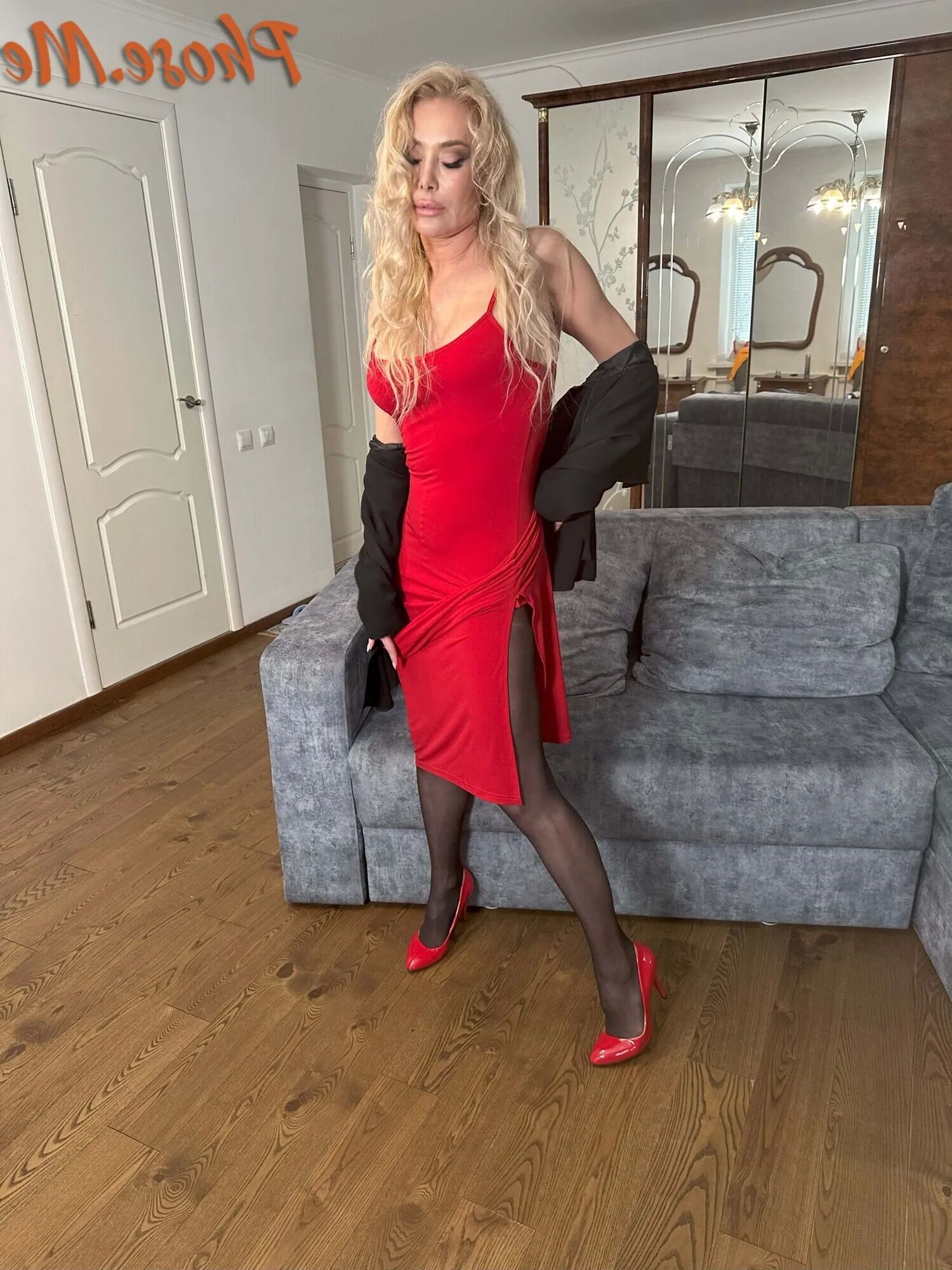 Blonde MIlf In Red Slit Dress, Black Pantyhose and Heels - 28 Pics