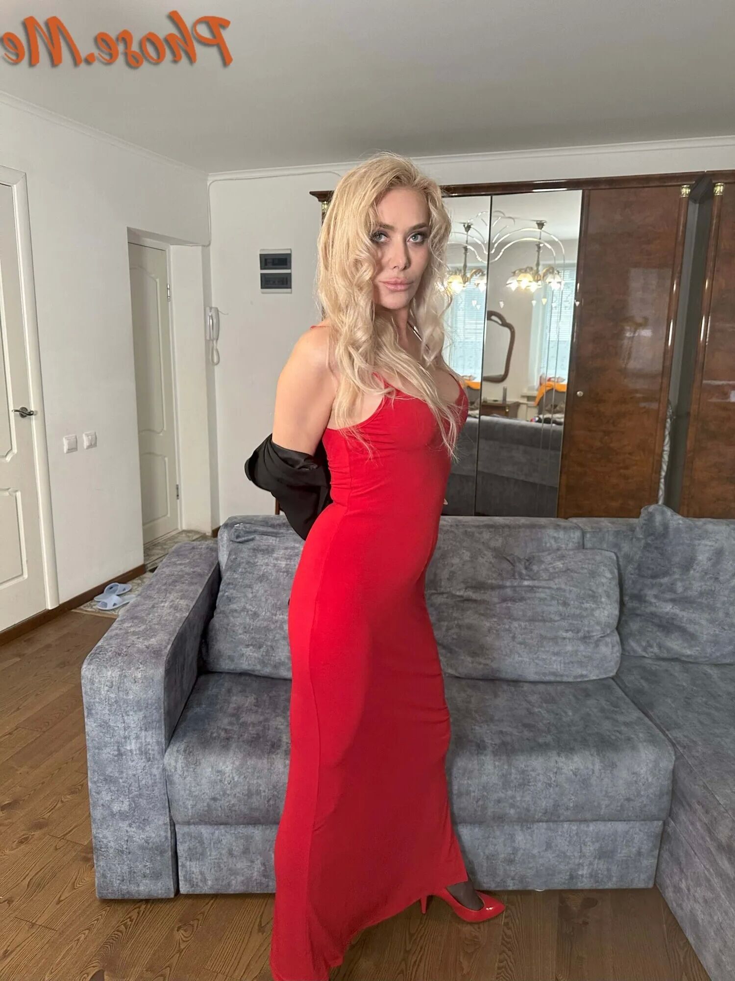 Blonde MIlf In Red Slit Dress, Black Pantyhose and Heels - 28 Pics