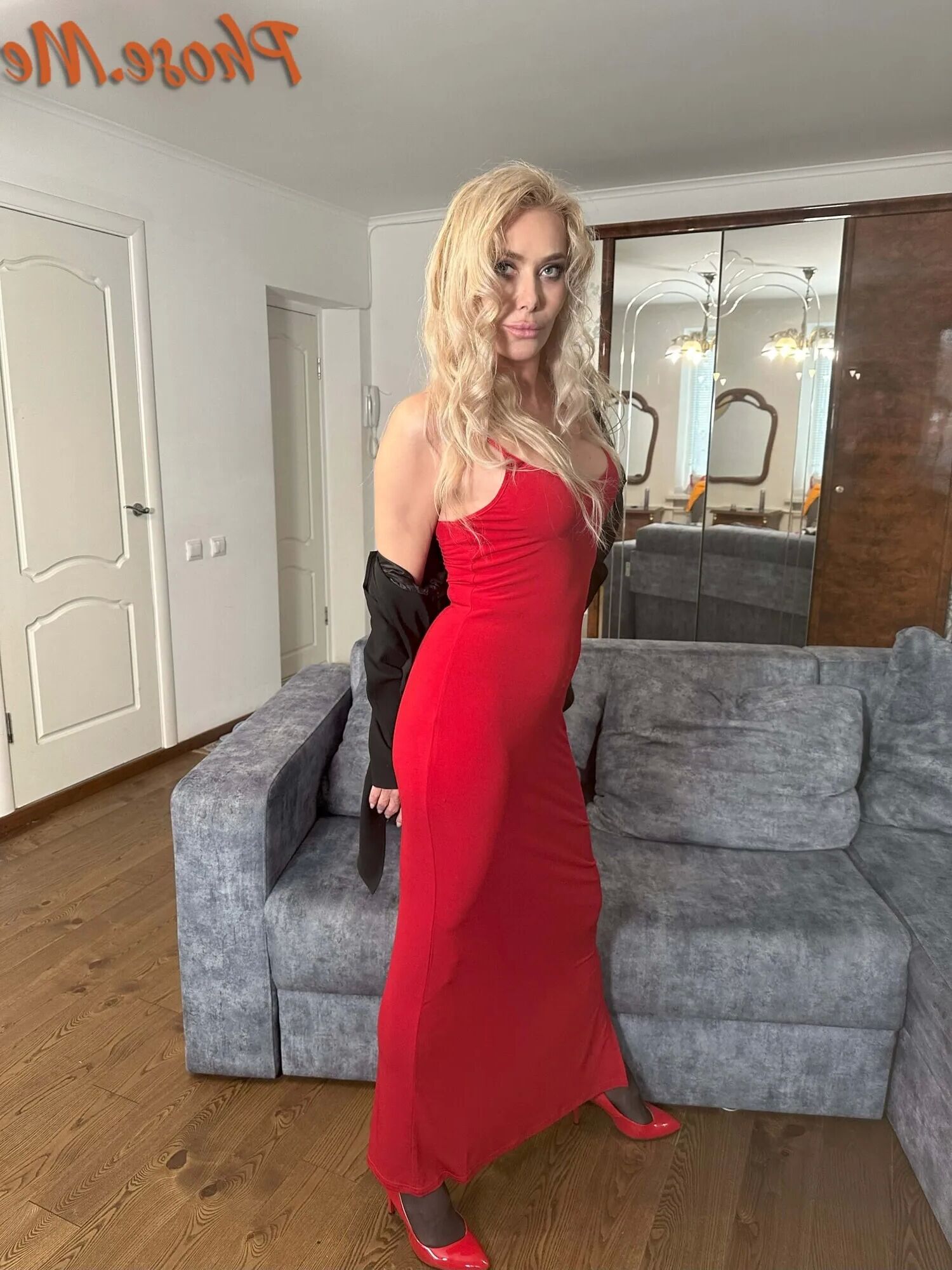 Blonde MIlf In Red Slit Dress, Black Pantyhose and Heels - 28 Pics