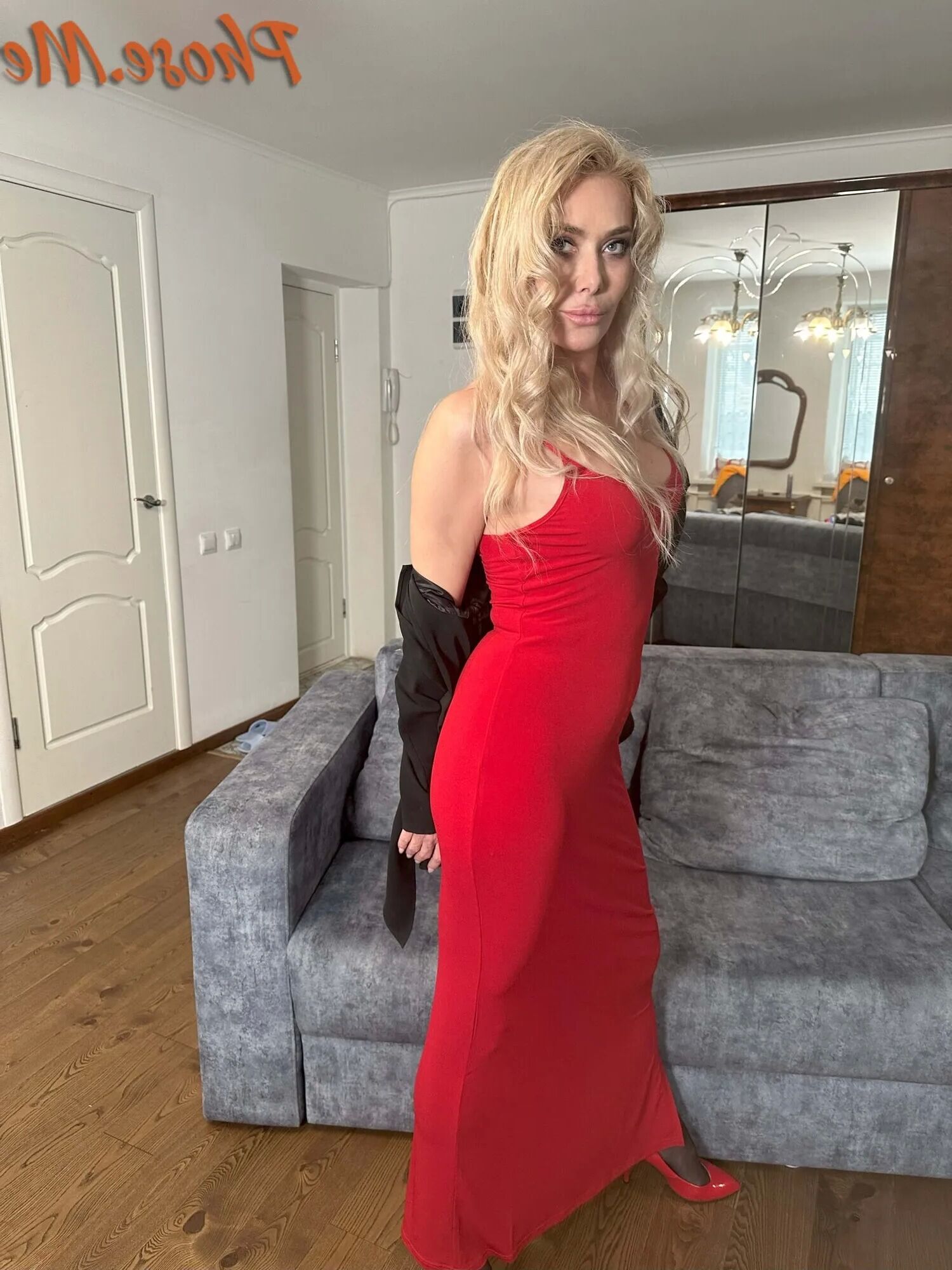 Blonde MIlf In Red Slit Dress, Black Pantyhose and Heels - 28 Pics