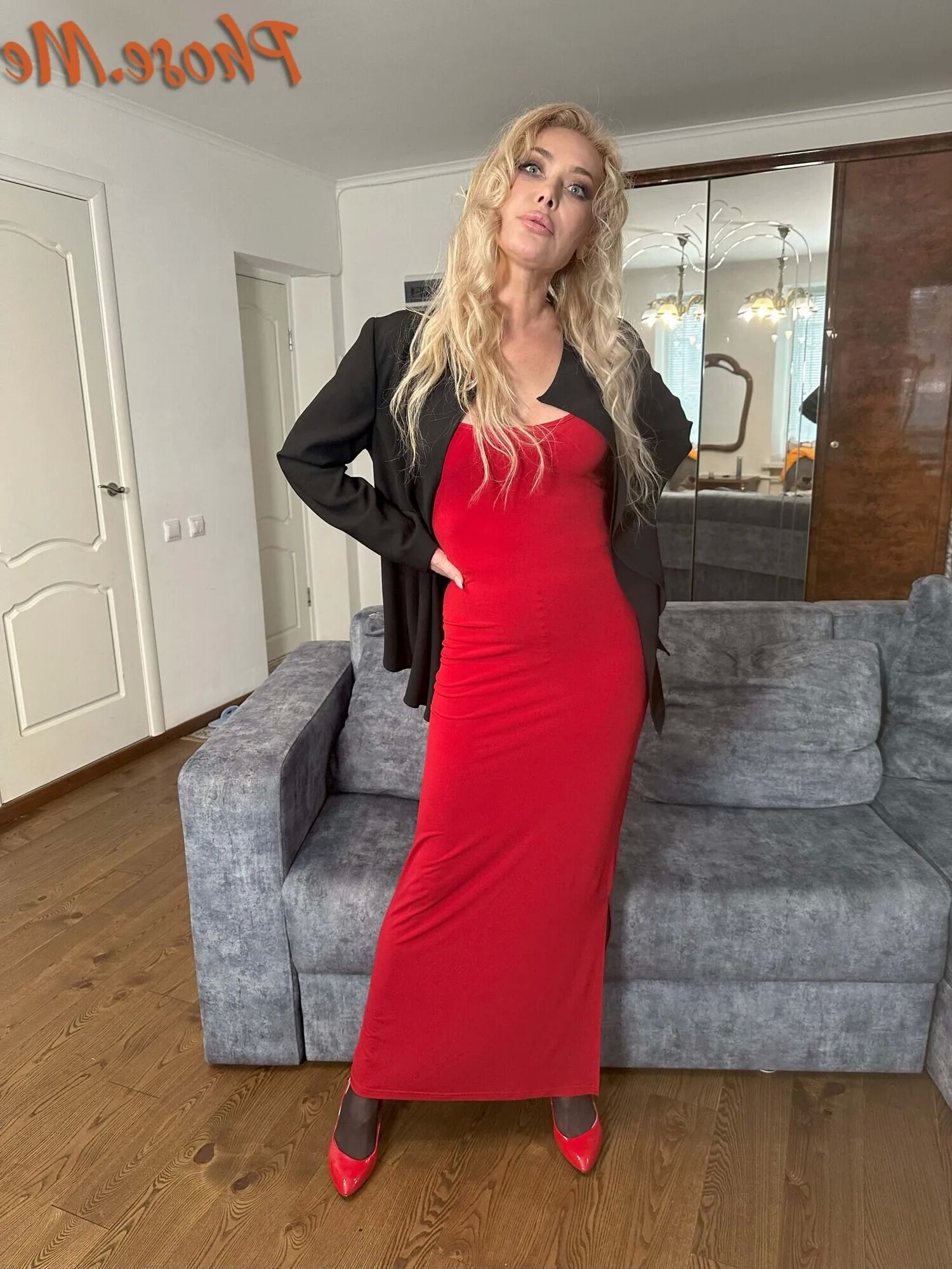 Blonde MIlf In Red Slit Dress, Black Pantyhose and Heels - 28 Pics