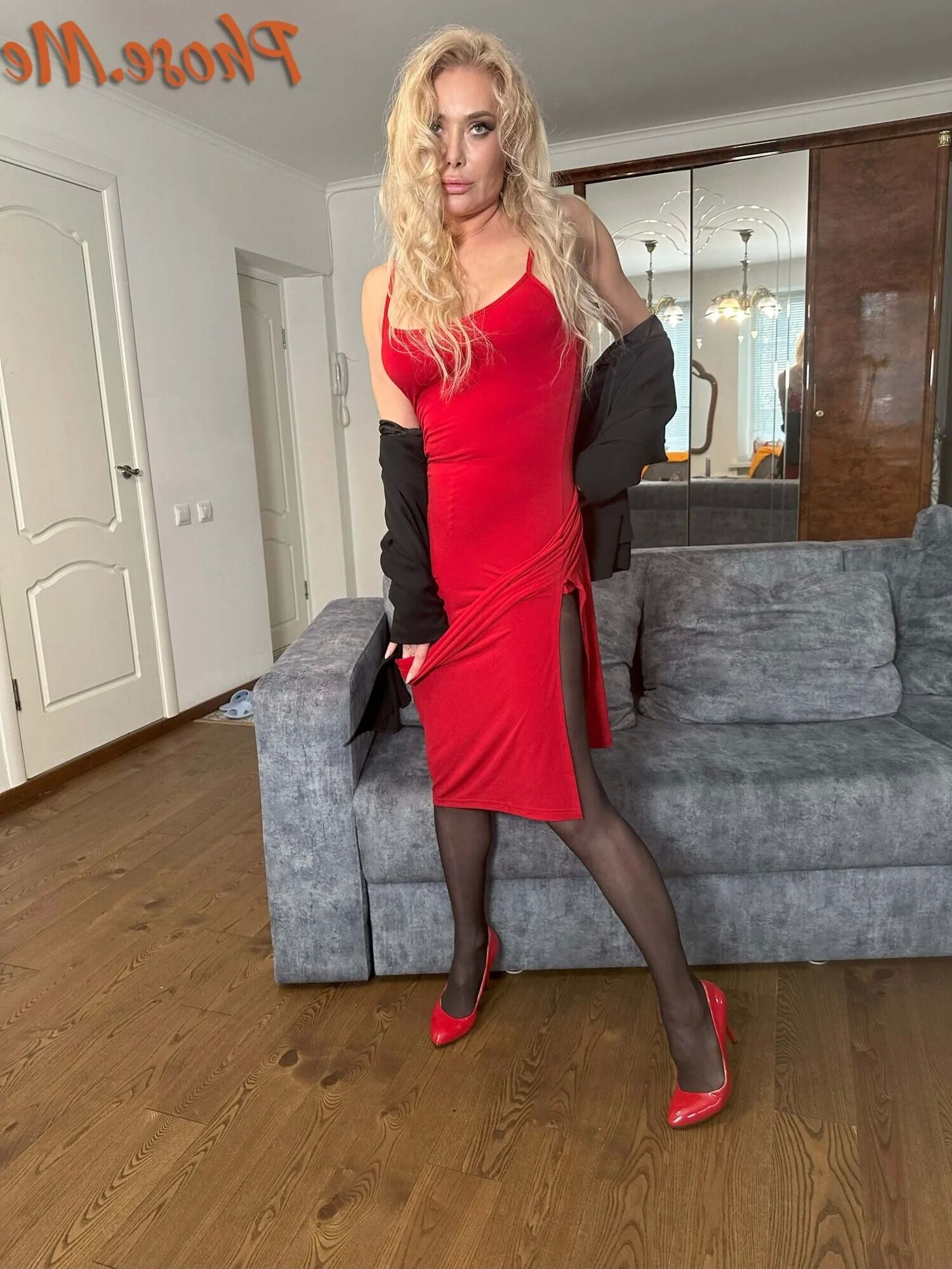Blonde MIlf In Red Slit Dress, Black Pantyhose and Heels - 28 Pics
