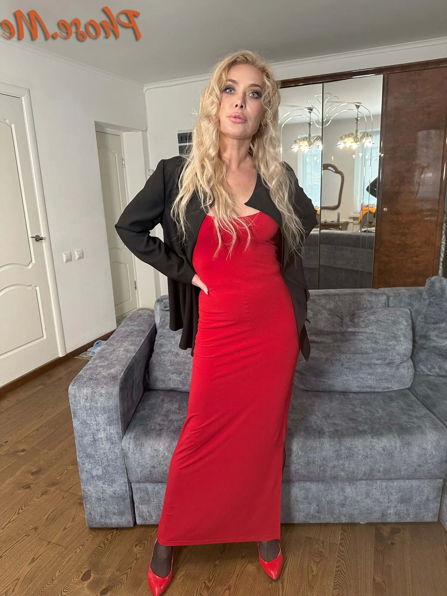 Blonde MIlf In Red Slit Dress, Black Pantyhose and Heels - 28 Pics
