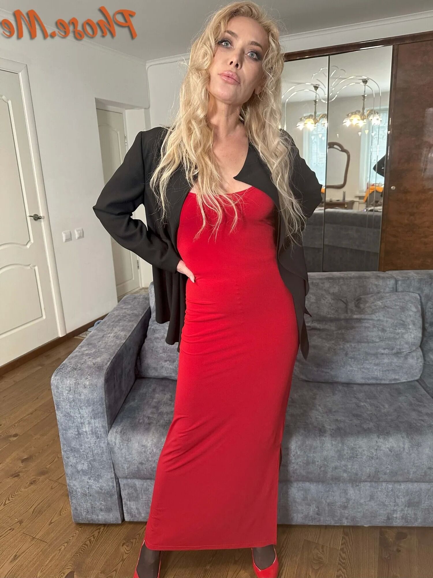 Blonde MIlf In Red Slit Dress, Black Pantyhose and Heels - 28 Pics