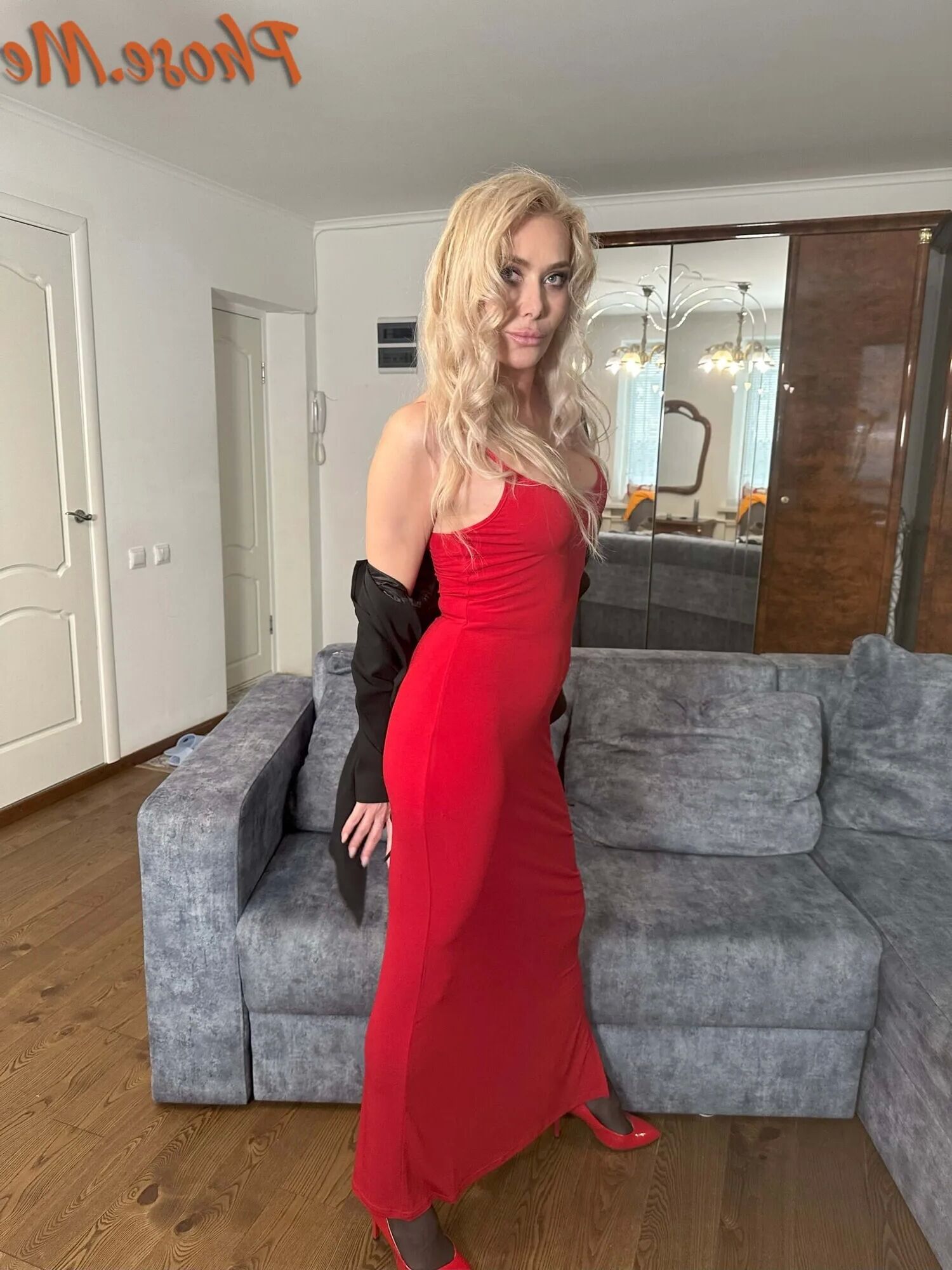 Blonde MIlf In Red Slit Dress, Black Pantyhose and Heels - 28 Pics