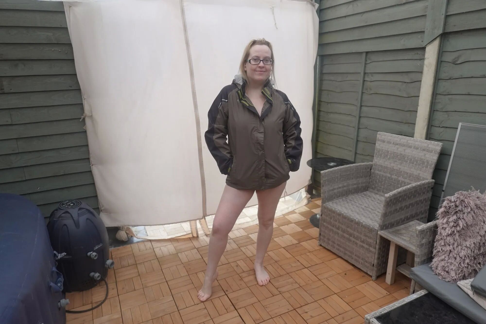 Shooting in the cold yard naked bare feet and coat - 24 Pics