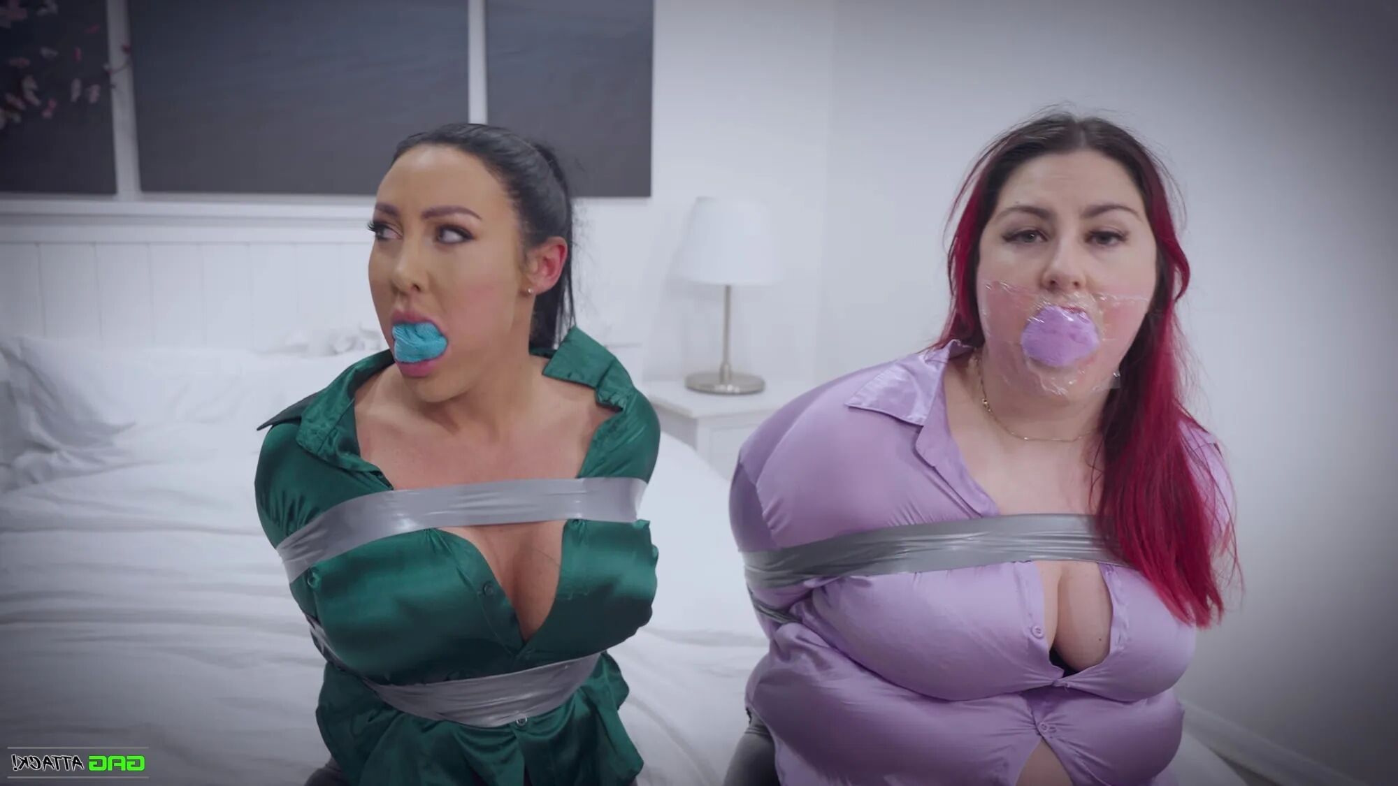 Lacey & Mila - Double Cross in Bondage Tied & Tape Gagged - 25 Pics