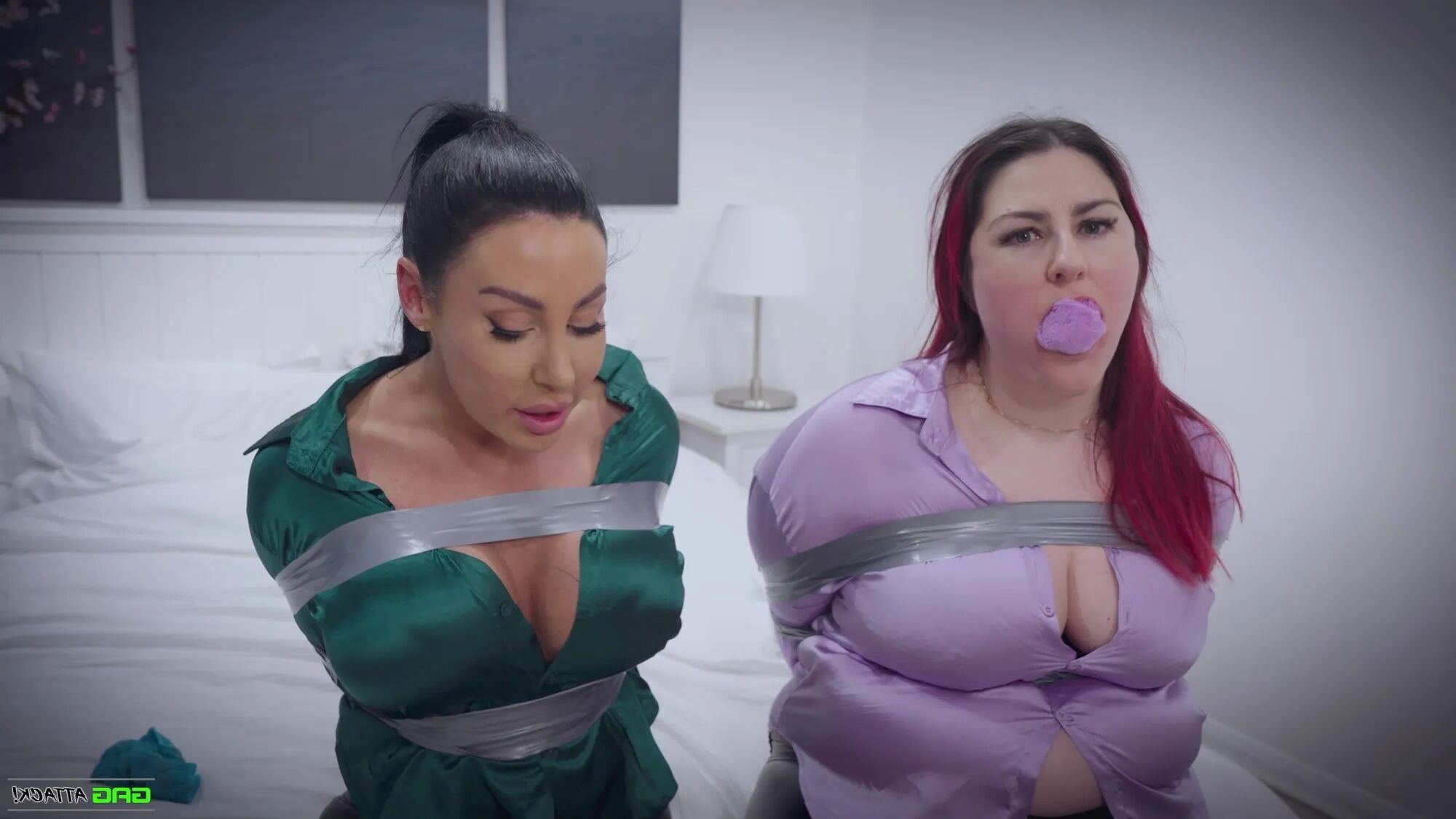 Lacey & Mila - Double Cross in Bondage Tied & Tape Gagged - 25 Pics