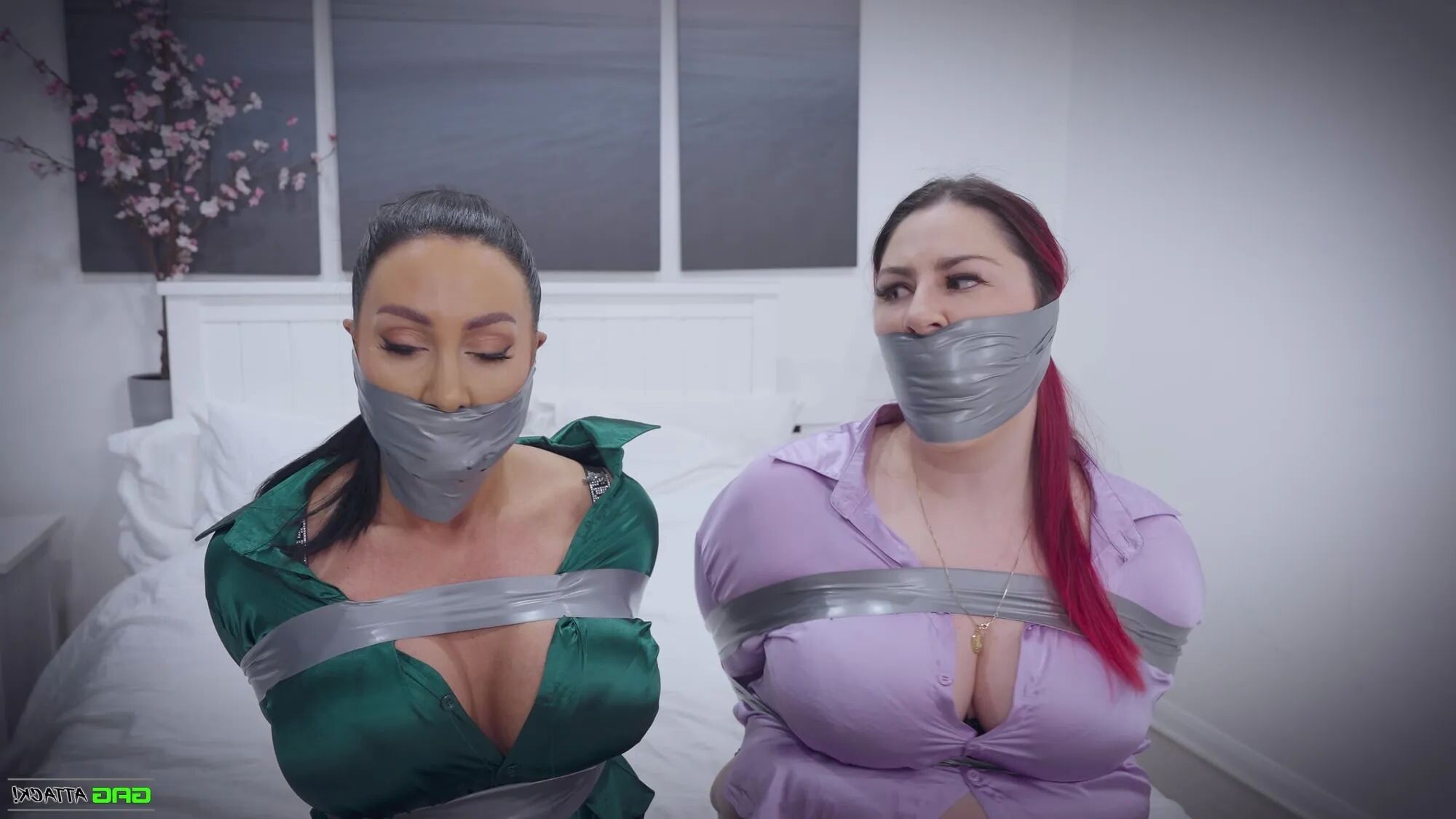 Lacey & Mila - Double Cross in Bondage Tied & Tape Gagged - 25 Pics