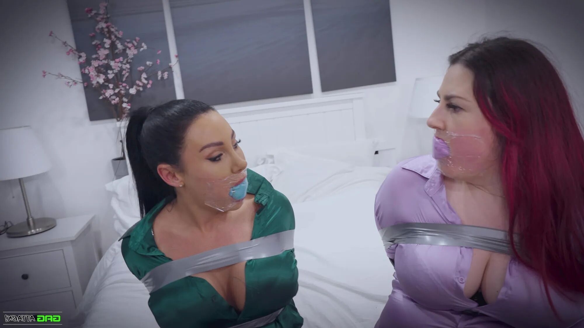Lacey & Mila - Double Cross in Bondage Tied & Tape Gagged - 25 Pics