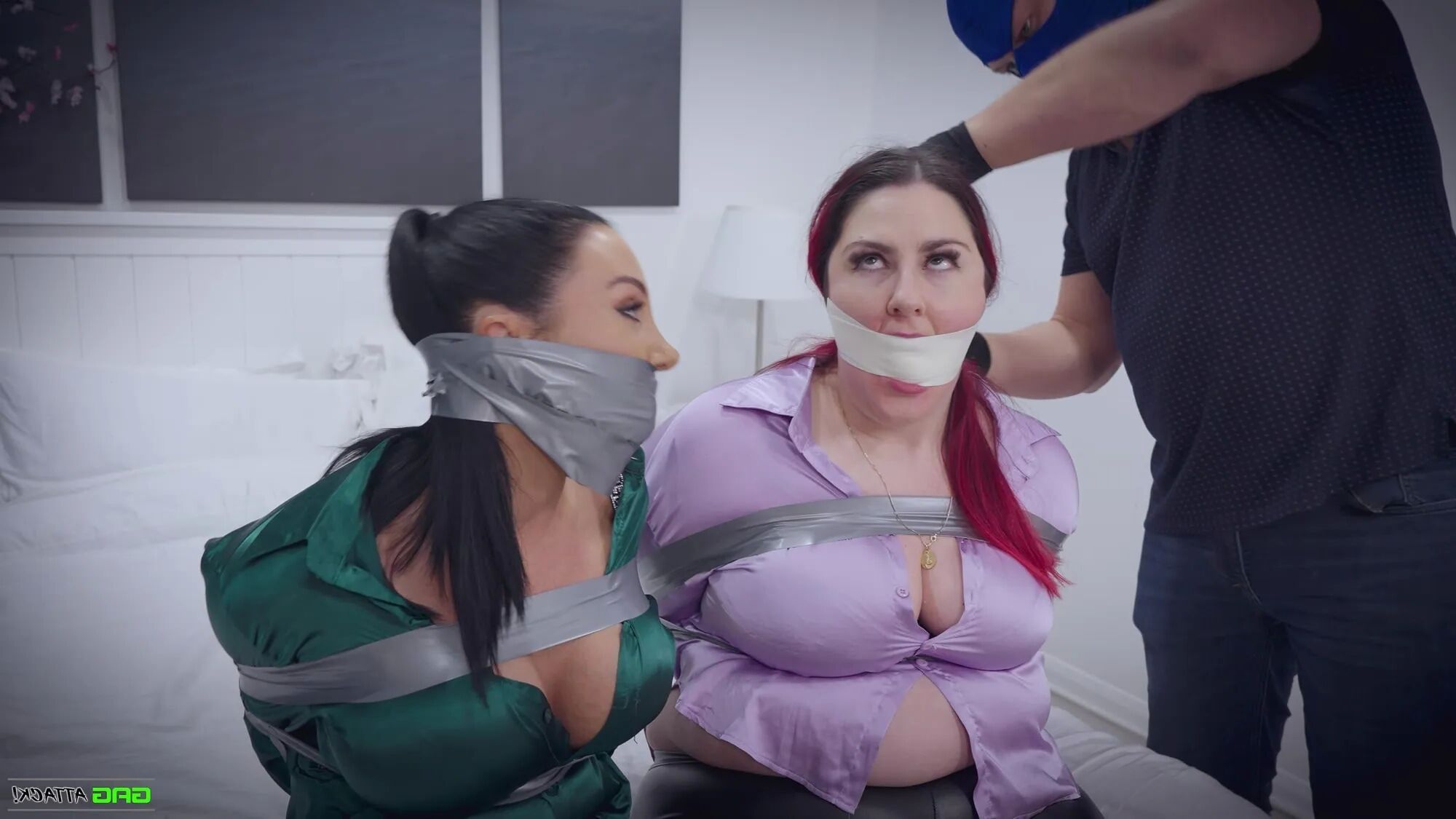 Lacey & Mila - Double Cross in Bondage Tied & Tape Gagged - 25 Pics