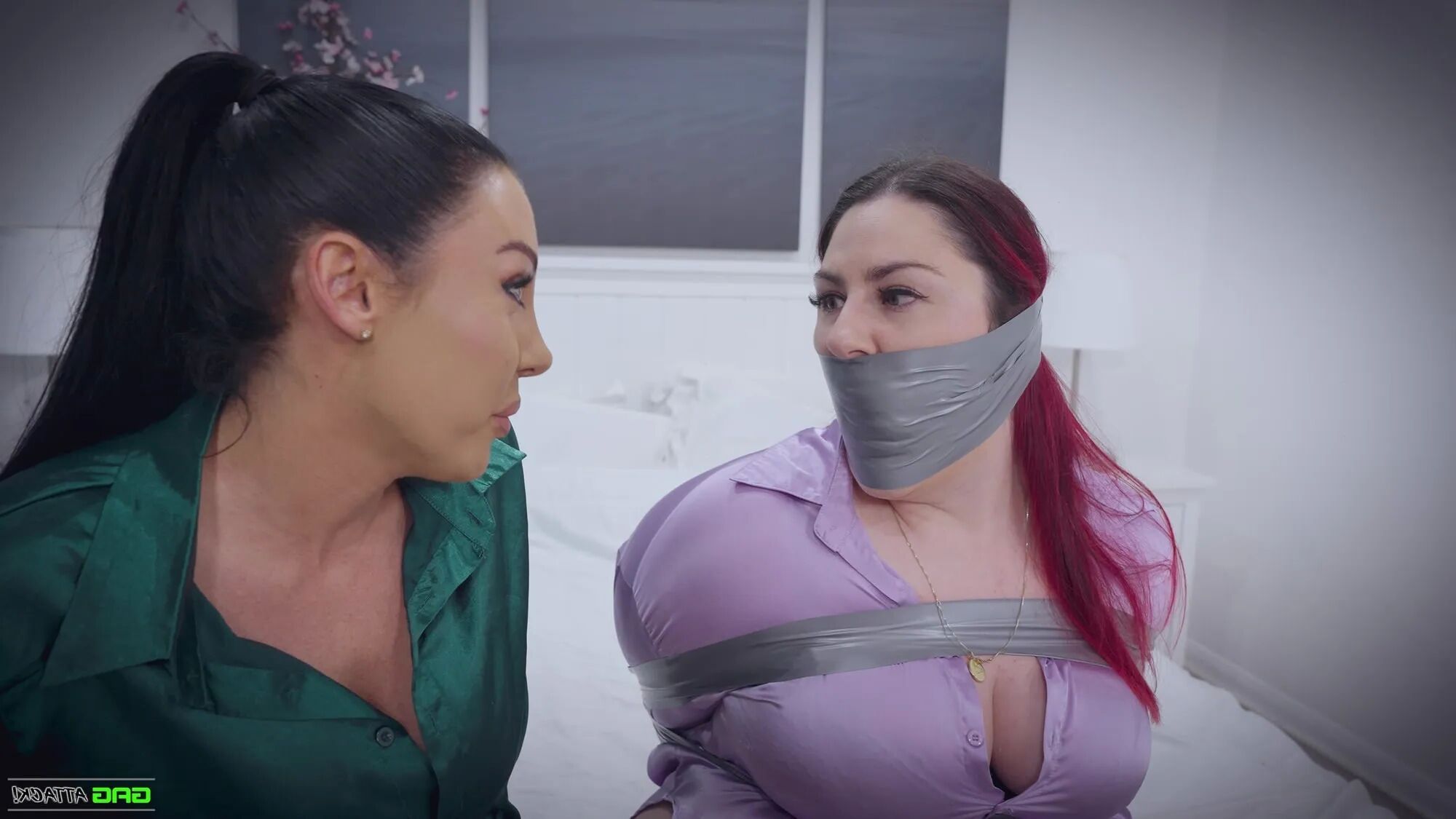 Lacey & Mila - Double Cross in Bondage Tied & Tape Gagged - 25 Pics