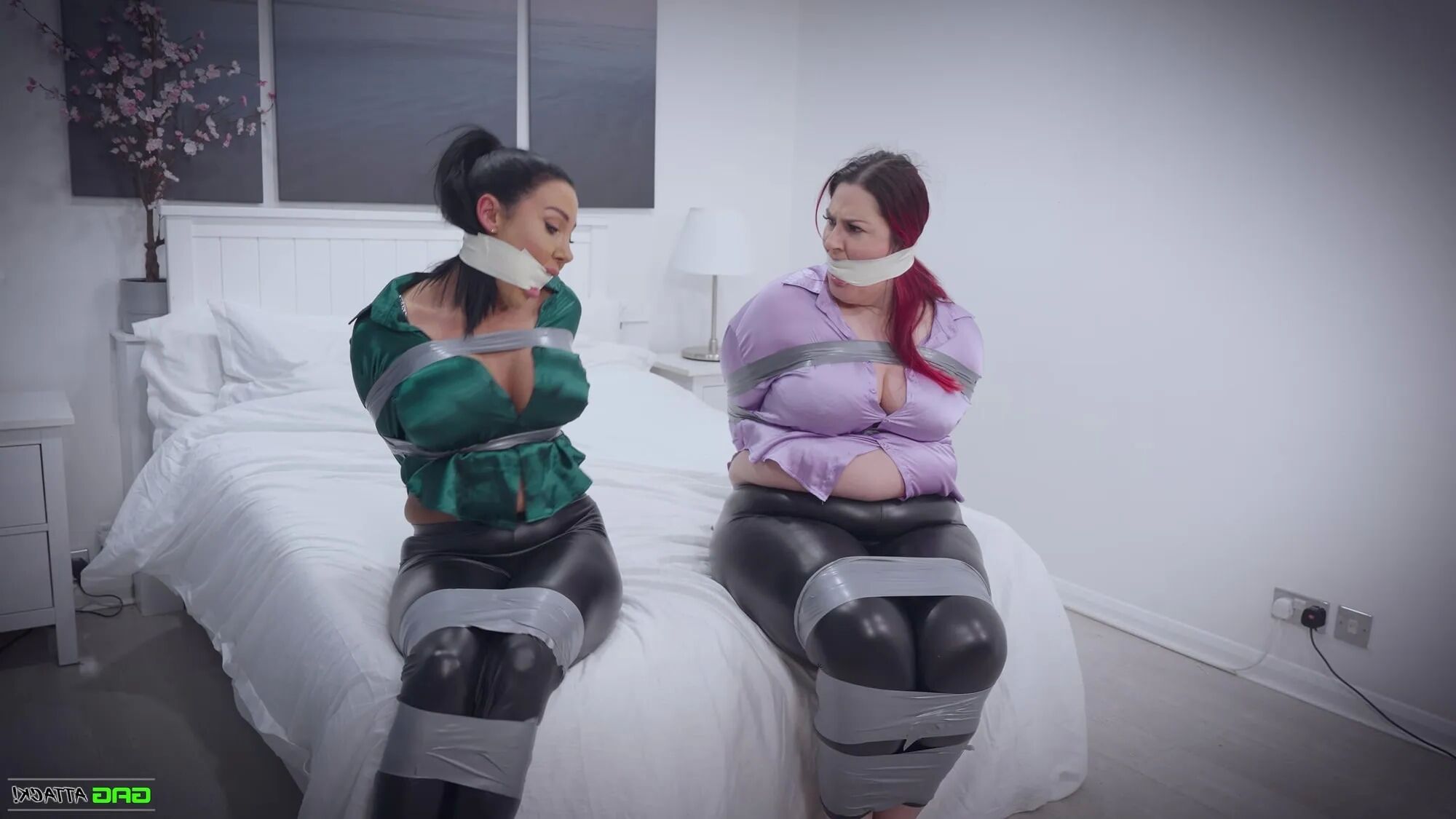 Lacey & Mila - Double Cross in Bondage Tied & Tape Gagged - 25 Pics