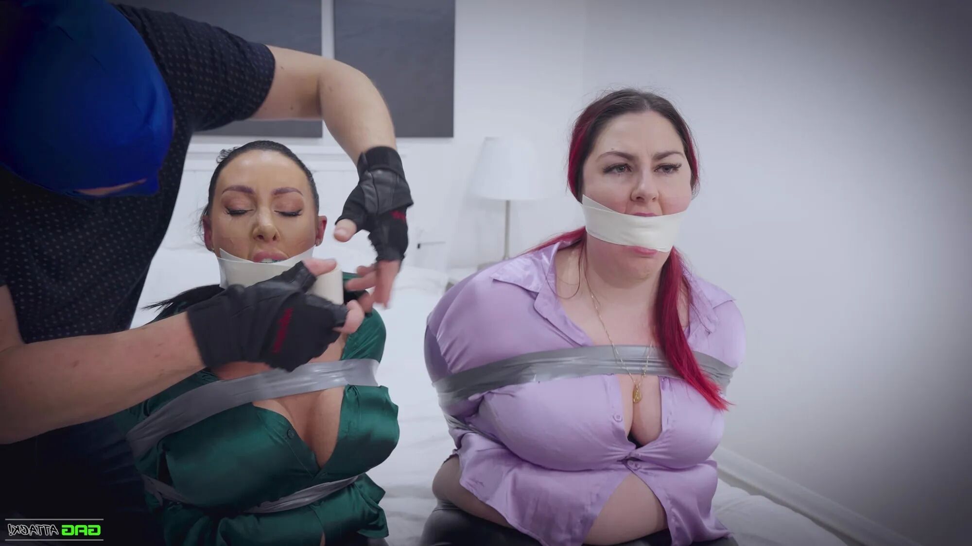 Lacey & Mila - Double Cross in Bondage Tied & Tape Gagged - 25 Pics
