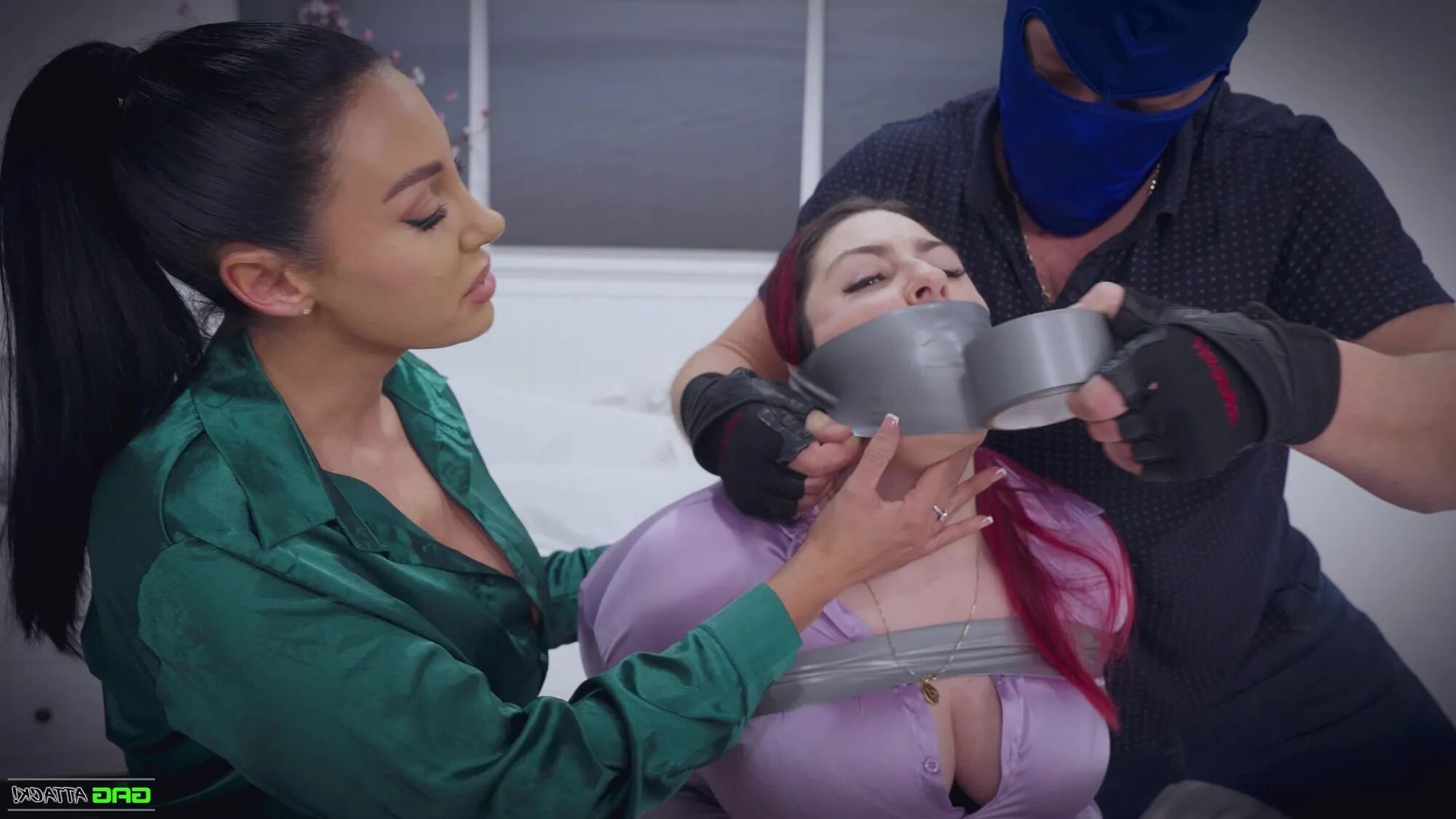 Lacey & Mila - Double Cross in Bondage Tied & Tape Gagged - 25 Pics