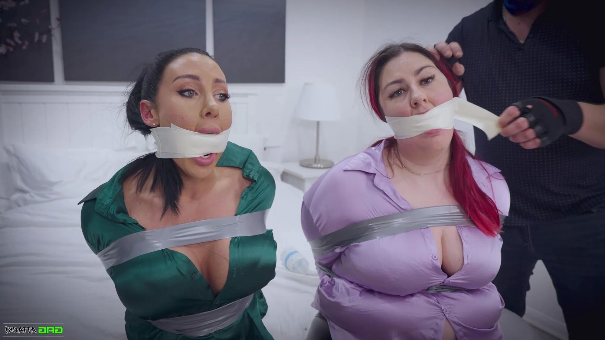 Lacey & Mila - Double Cross in Bondage Tied & Tape Gagged - 25 Pics
