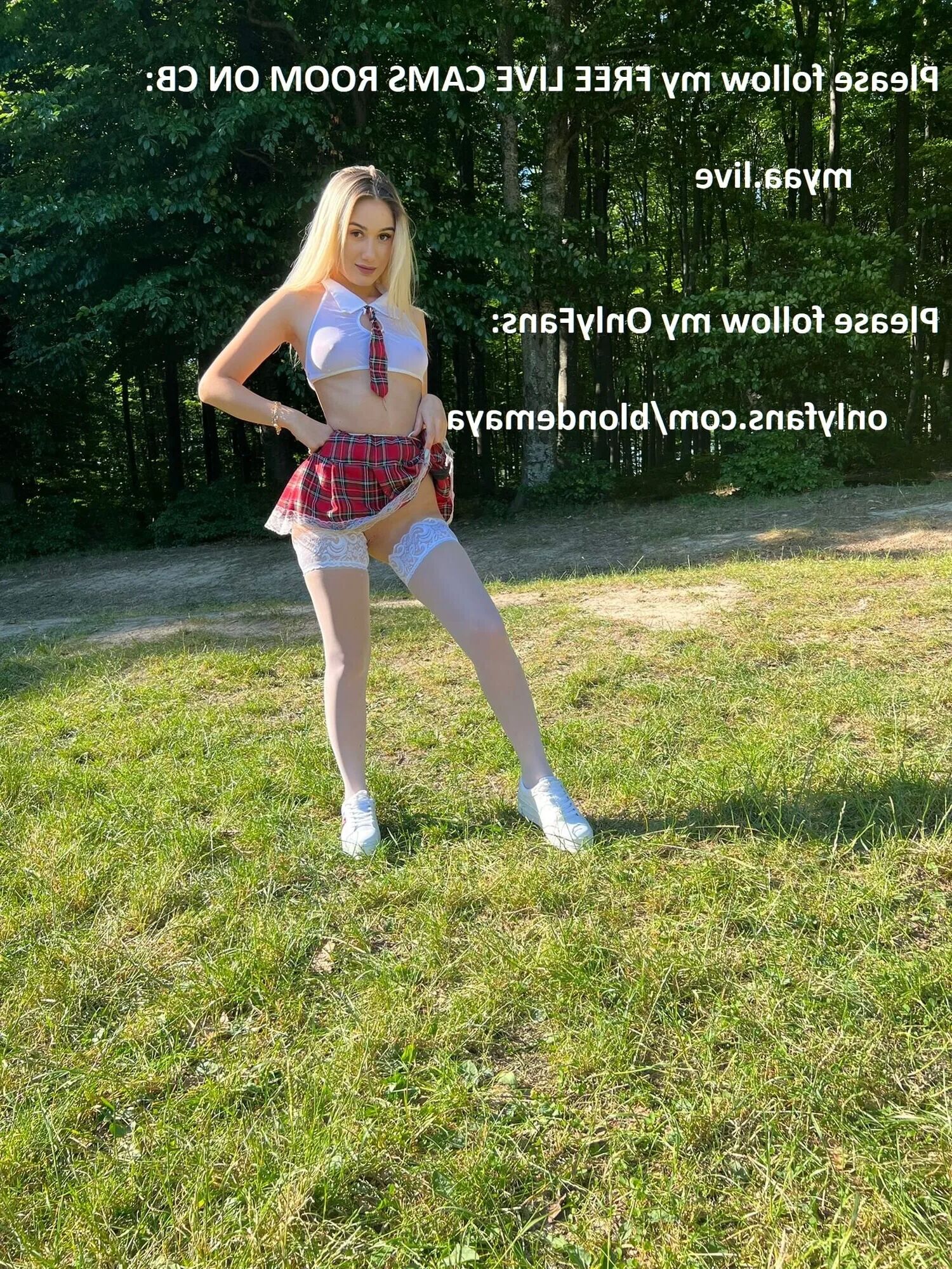 In the park dressed in sch girl no panties, white stockings - 5 Pics
