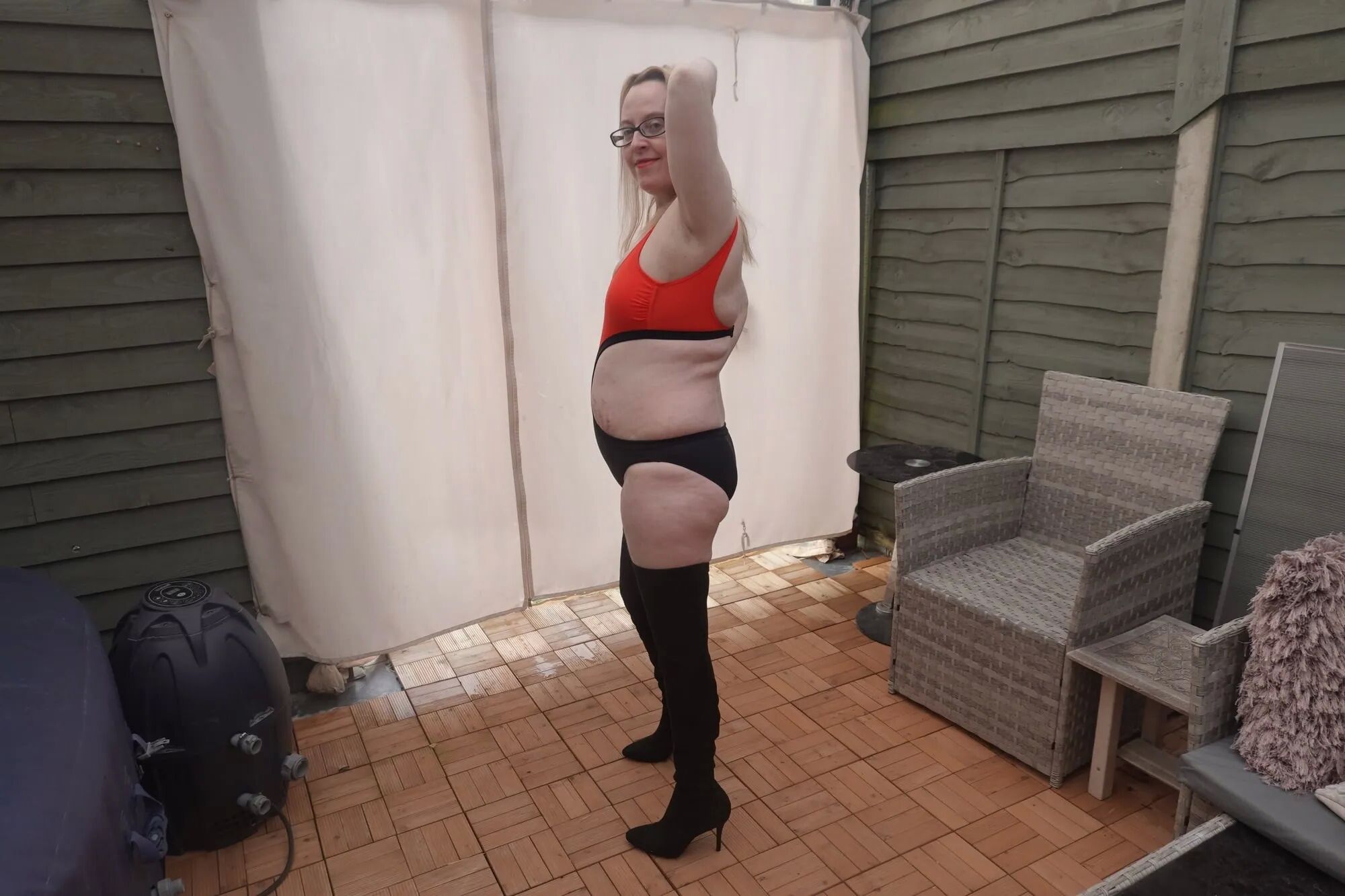 In the yard in 2 Degrees temp in swimsuit and thigh boots - 34 Pics