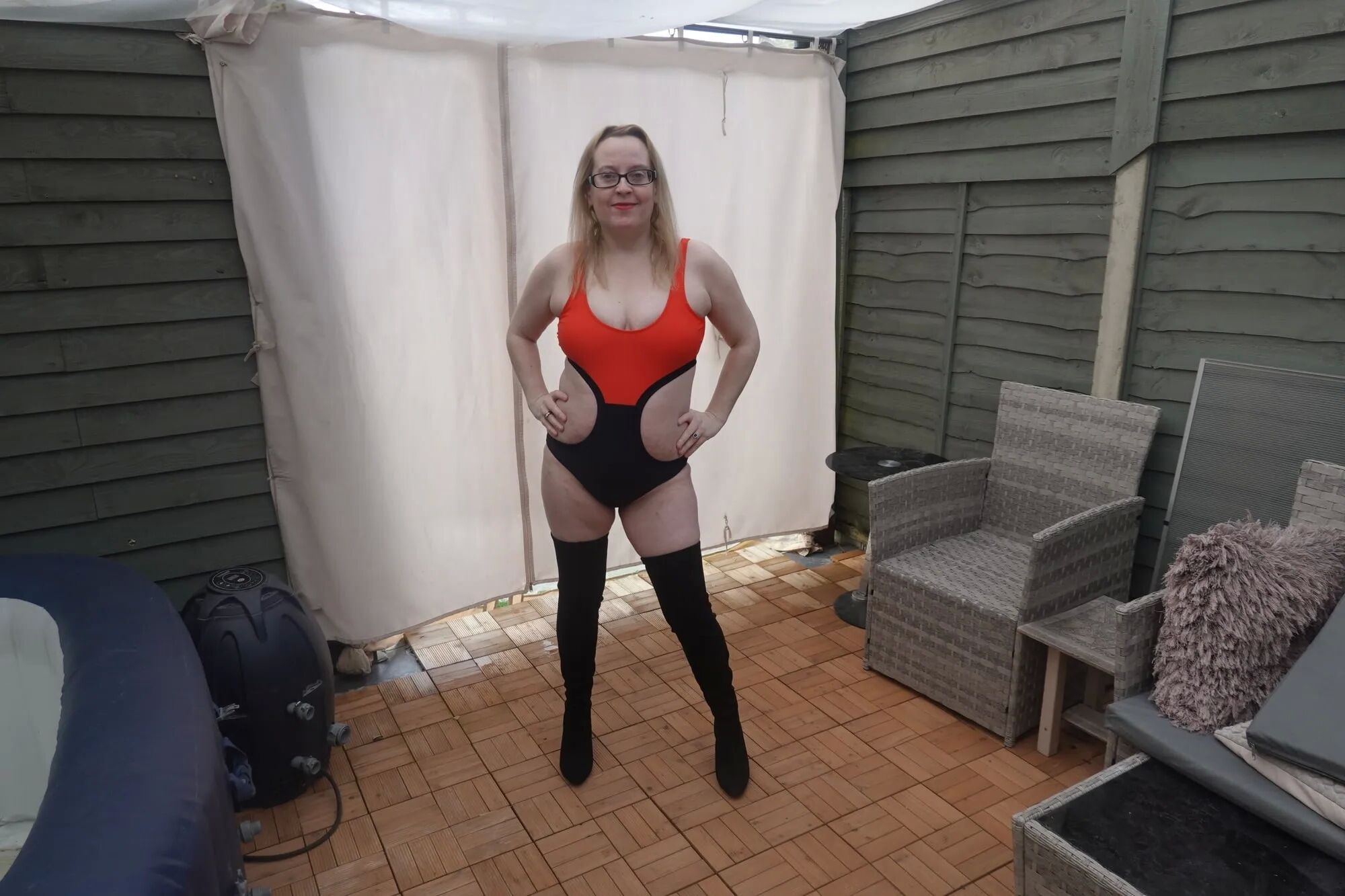 In the yard in 2 Degrees temp in swimsuit and thigh boots - 34 Pics