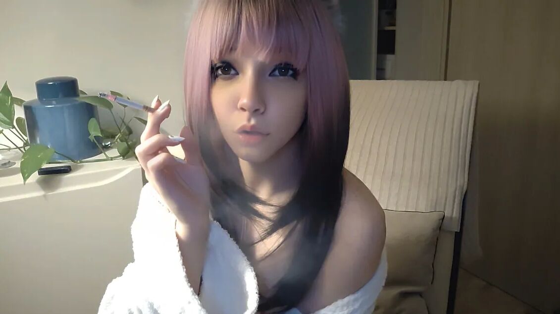 Small titties Egirl in bathrobe smoking - 11 Pics