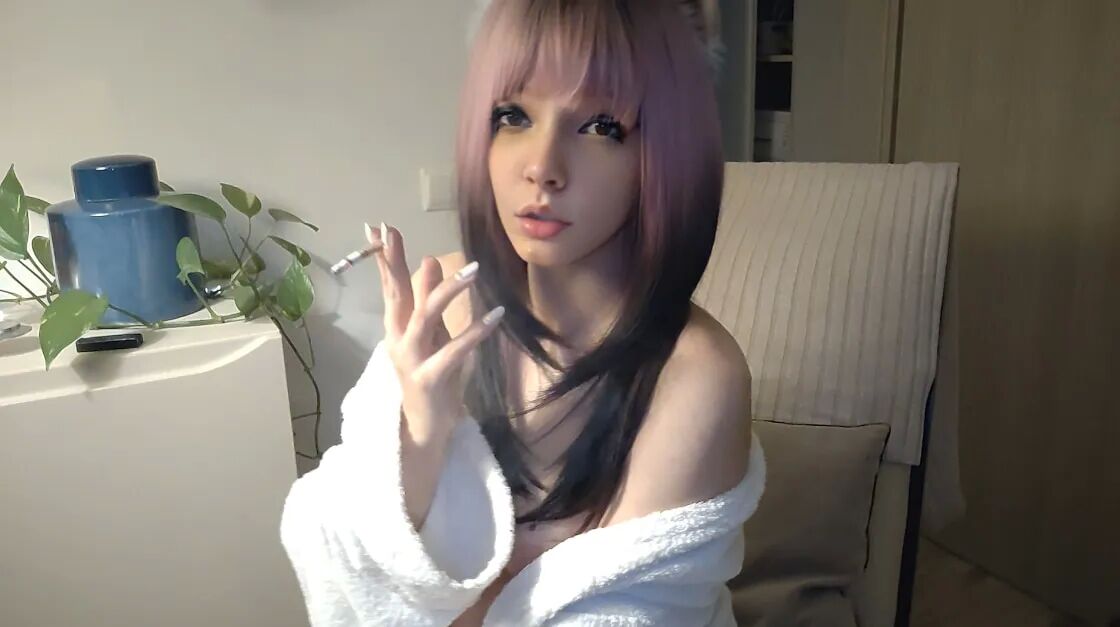 Small titties Egirl in bathrobe smoking - 11 Pics