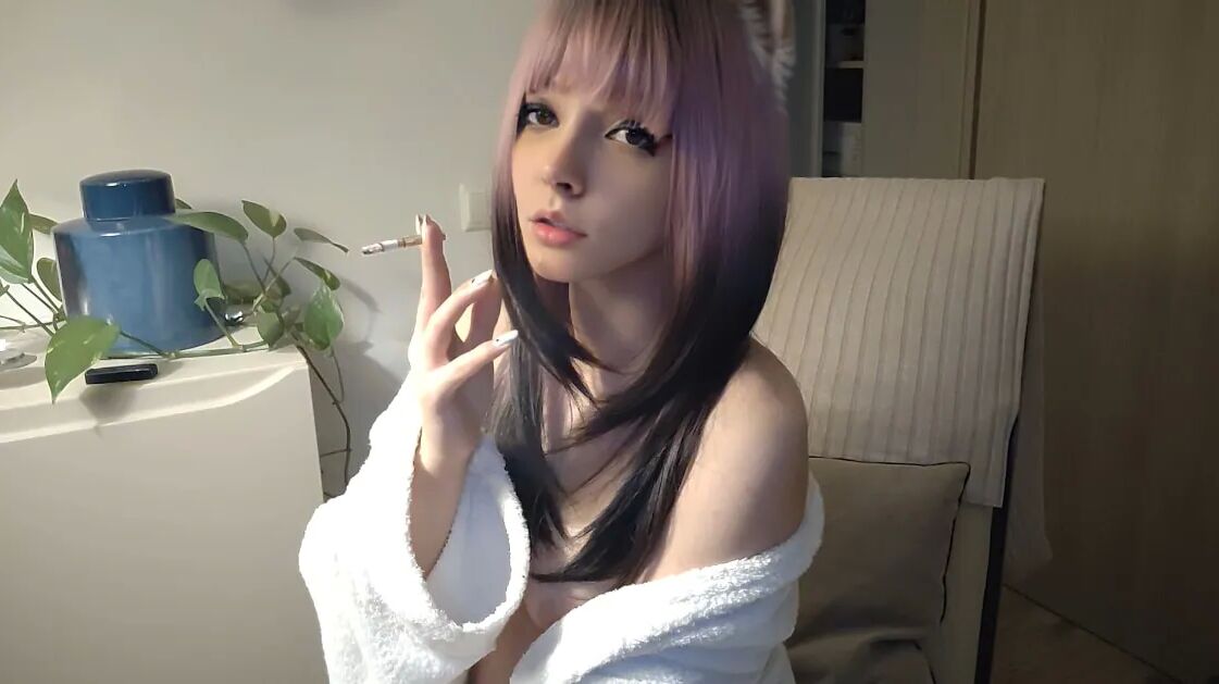 Small titties Egirl in bathrobe smoking - 11 Pics